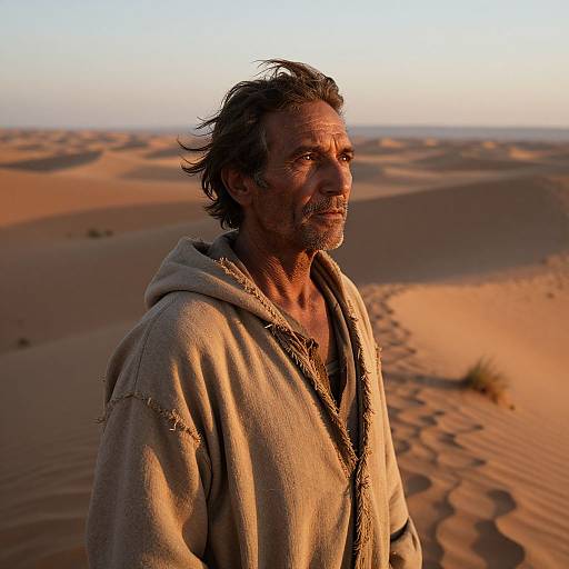 Photograph of a weathered, middle-aged man with tousled dark hair and beard, wearing a tattered beige hooded robe, standing in a