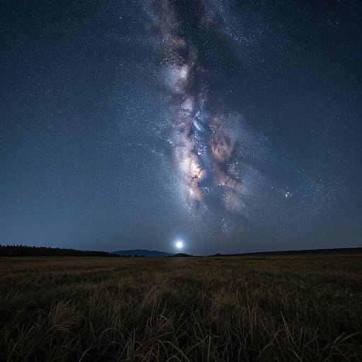 Photograph of a night sky with the Milky Way galaxy prominently displayed, illuminating a dark, grassy field and distant forest.
