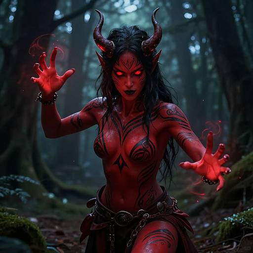 Digital artwork of a red-skinned, horned demon woman with glowing eyes, black hair, and tribal tattoos, casting a spell in a dark,