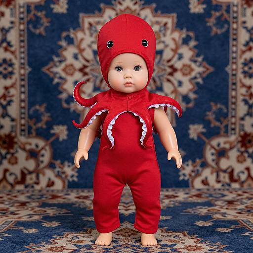 Photograph of a baby doll in a red octopus costume with tentacles, standing on a blue patterned carpet.