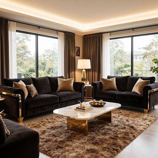 Modern living room photograph: Black velvet sofas with beige pillows, gold-accented coffee table, marble top, brown shag rug, floor lamp,