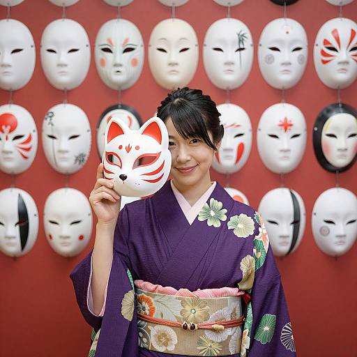 Japanese Woman in Kimono with Fox Mask