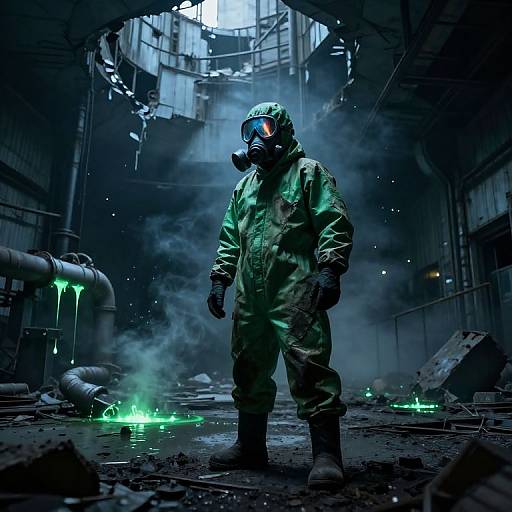 Photograph of a lone figure in green hazmat suit and gas mask standing in a dark, smoky, industrial ruin with glowing green chemicals and broken