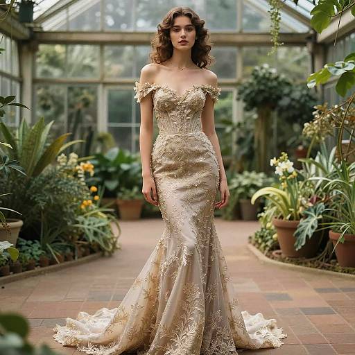 Photograph of a curly-haired woman in an off-shoulder, gold lace gown with a long train, standing in a lush greenhouse with potted