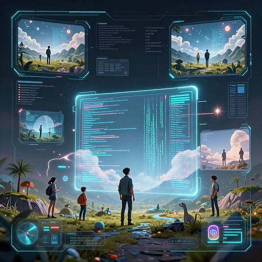 Digital artwork: futuristic landscape with neon blue holographic interface, diverse group of people, mountains, grassy terrain, palm trees, and sci-fi elements