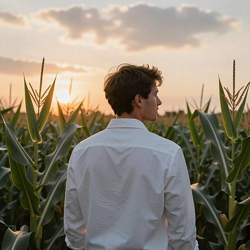 Man in Cornfield at Sunset