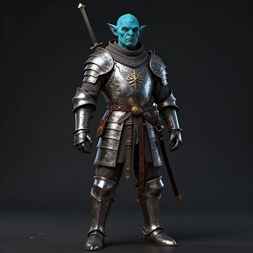 Photorealistic CGI of a blue-skinned, muscular, elf-like warrior in shiny silver armor, standing against a dark background, with a sword on