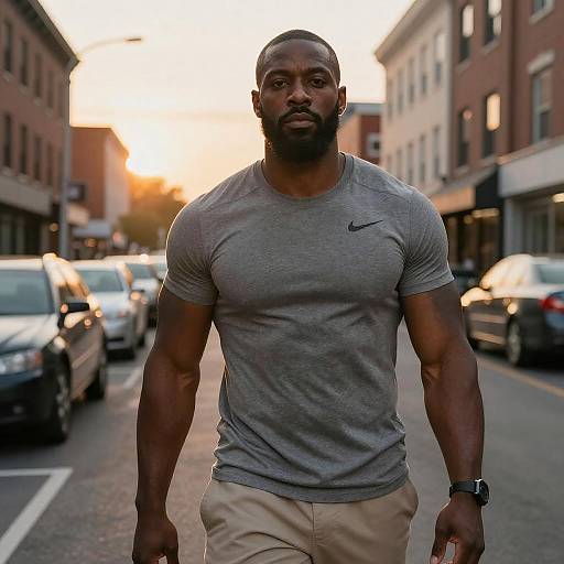Photograph of a muscular Black man with a short beard, wearing a gray Nike t-shirt and beige pants, walking down a sunlit urban street with