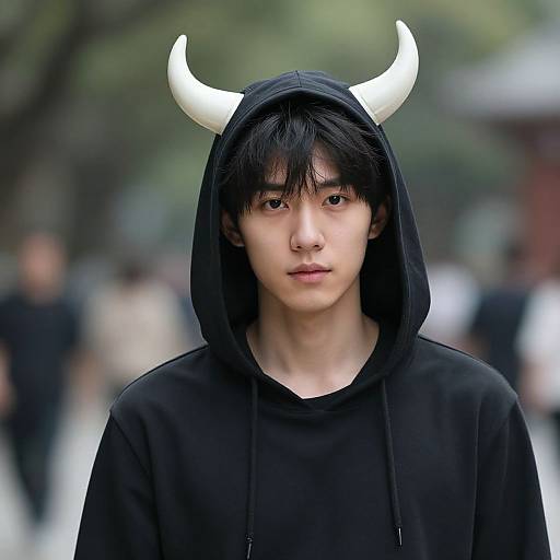 Photograph of a young Asian man with black hair, wearing a black hoodie with white horn headband, standing in a blurred urban street background. Neutral