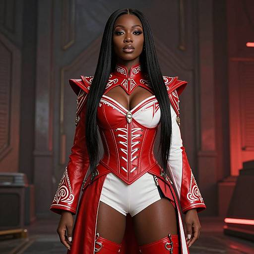 Photograph of a confident Black woman with long braids, wearing a red and white corset with intricate patterns, and matching thigh-high boots, standing