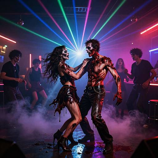 Photograph of a dark, neon-lit nightclub scene with two wet, muscular dancers in black, torn, leather outfits, surrounded by colorful laser lights