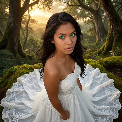 Photograph of a beautiful young woman with dark brown skin and striking green eyes, wearing a white lace wedding dress, standing in a sunlit forest with
