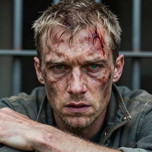 Injured Man with Bloodied Face and Intense Expression