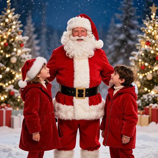 Photograph of Santa Claus in red suit with white trim, black belt, flanked by two smiling children in red coats, standing in snowy forest with