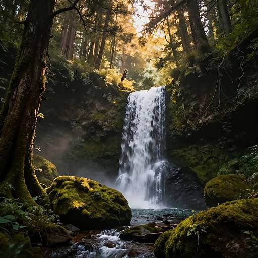 Photograph of a serene forest waterfall cascading down a moss-covered rocky cliff, sunlight filtering through tall trees, creating a misty, magical atmosphere.