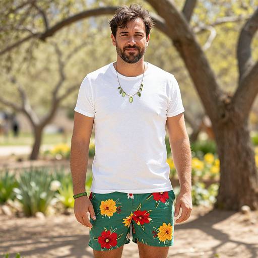 Confident Man in Vibrant Floral Shorts
