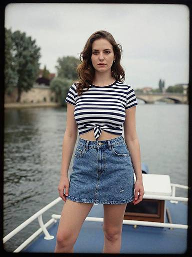 Photograph of a young woman with wavy brown hair, wearing a black-and-white striped crop top and blue denim skirt, standing on a boat by