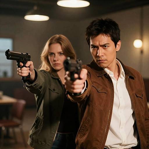 Two People Pointing Guns with Intense Expressions