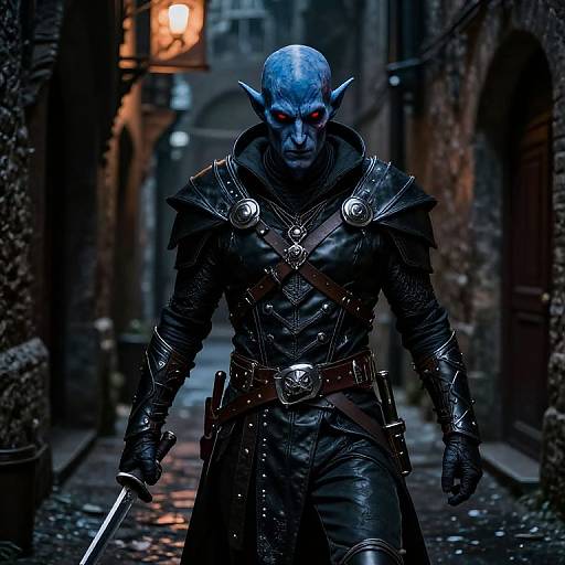 Photorealistic digital art: blue-skinned, red-eyed elf warrior with pointed ears, black leather armor, and sword, walking down a dimly