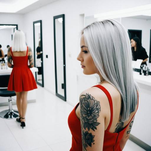Young woman with silver hair and tattoos in red dress at salon