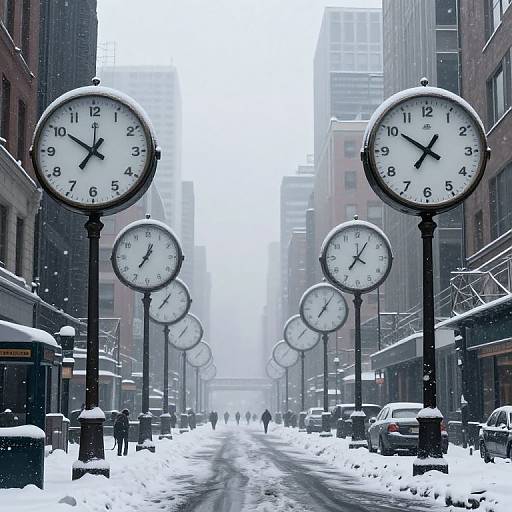 Photograph of a snowy urban street lined with large circular clocks, snow-covered buildings, and a few distant pedestrians, set against a foggy, win