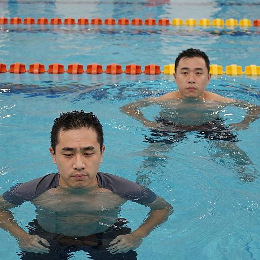 Men Swimming Together in a Pool
