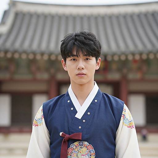 Photograph of a young Asian man with short black hair, wearing a traditional Korean hanbok with colorful embroidery, standing in front of a traditional Korean