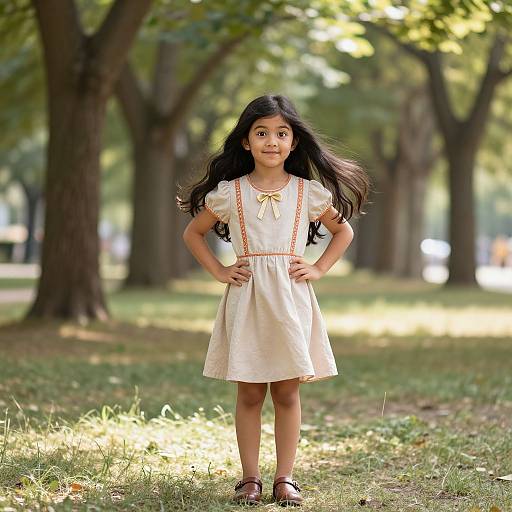 Photograph of an Asian girl with long black hair, wearing a white dress with orange trim, standing confidently in a sunlit park with trees in the
