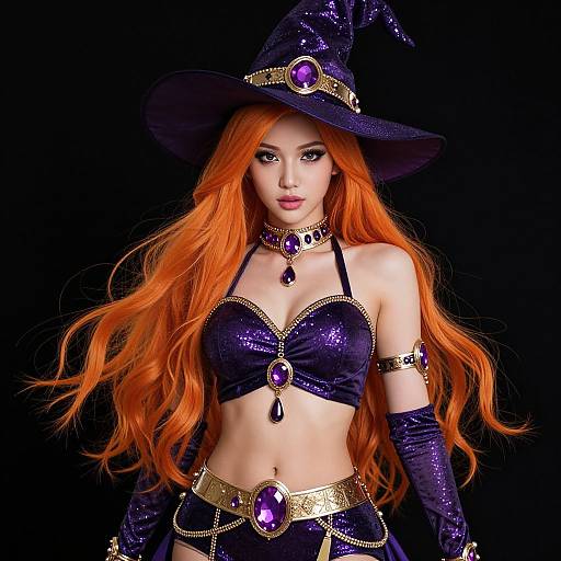 Digital art of a sexy, fair-skinned, red-haired witch with long hair, wearing a glittery black crop top, hat, and purple gems