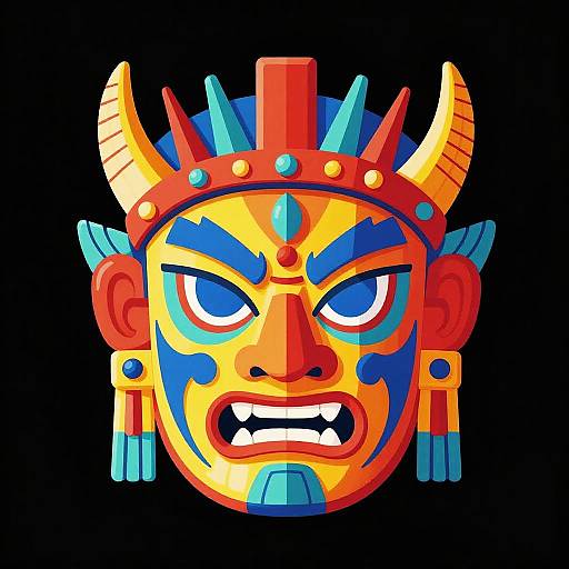 Vibrant, stylized Aztec mask with yellow skin, blue and red accents, yellow horns, and angry expression, set against a black background