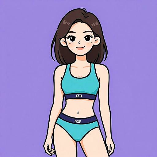 Digital anime-style drawing of a smiling young woman with straight brown hair, wearing a blue sports bra and matching panties, standing against a solid lavender background.