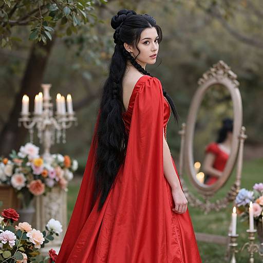 Photorealistic digital art: Long-haired woman in red gown and cape, black hair in bun, standing outdoors, candle-lit garden, ornate