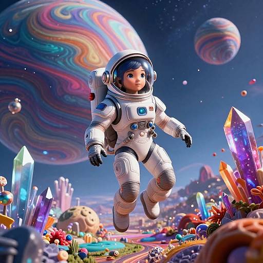 Digital art of a cute, cartoon-style child astronaut with dark skin, floating in a colorful, vibrant, crystalline alien landscape with swirling planets.