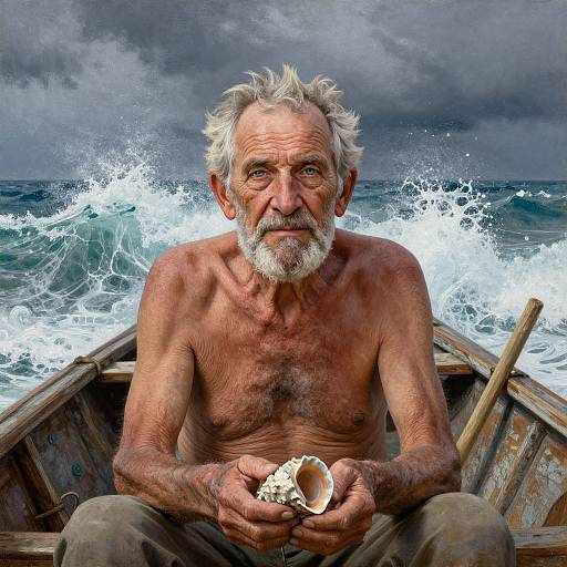 Photograph of a weathered, shirtless elderly man with white hair and beard, holding a shell in a small wooden boat, facing turbulent ocean waves