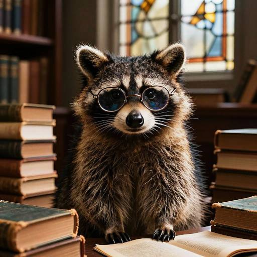 Scholarly Raccoon in Ancient Library
