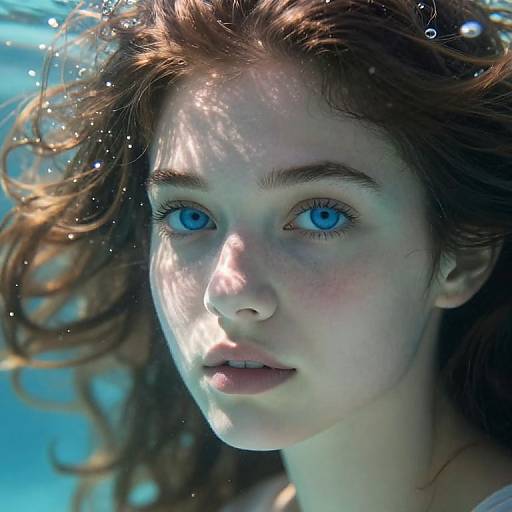 Close-up photograph of a young woman with striking blue eyes, fair skin, and wavy brown hair underwater, light filtering through, bubbles floating around her