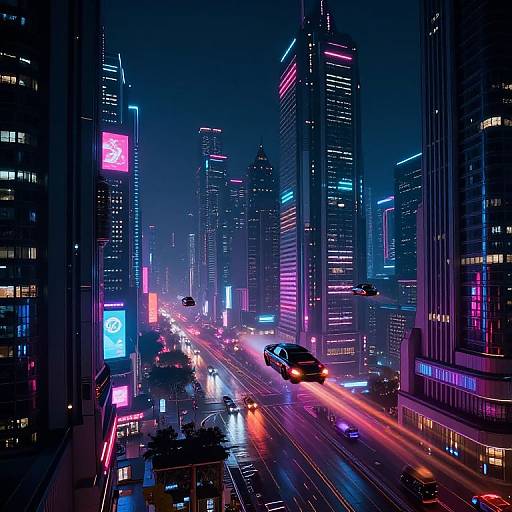 Neon-lit futuristic cityscape at night, tall skyscrapers with vibrant pink, blue, and purple lights, busy street with moving cars,