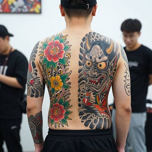 Photograph of a shirtless Asian man with extensive colorful back tattoos, including a menacing Japanese demon and vibrant flowers, standing in a tattoo studio with two