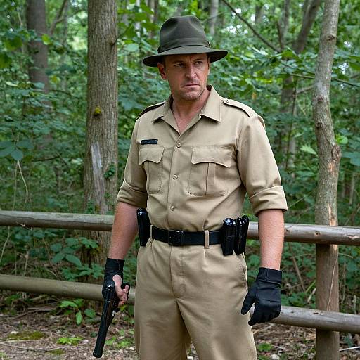 Photograph of a serious-looking male forest ranger in beige uniform, black gloves, and hat, standing in a wooded area with a wooden railing in the