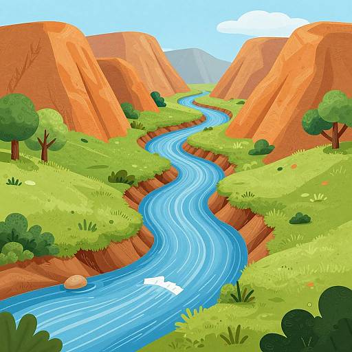 Digital illustration of a winding blue river cutting through vibrant green hills and orange cliffs, with trees and a stone on the left. Bright sky with scattered clouds