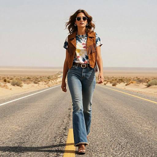 Woman in 70s Outfit Walking on Desert Highway