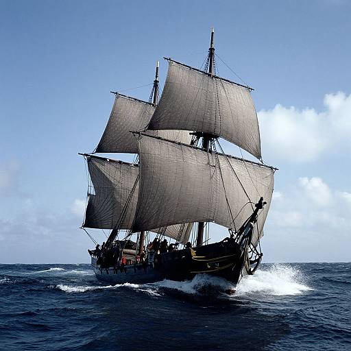 Photograph of a classic black sailing ship with large white sails cutting through dark blue ocean under a bright blue sky.