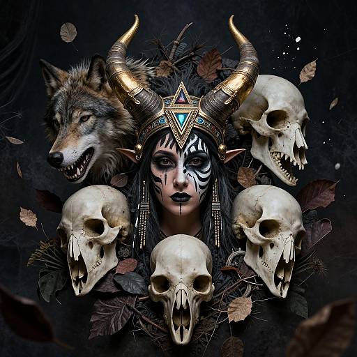 Digital art of a dark-haired woman with black face paint, gold horns, and elf ears, surrounded by skulls, a wolf, and leaves.