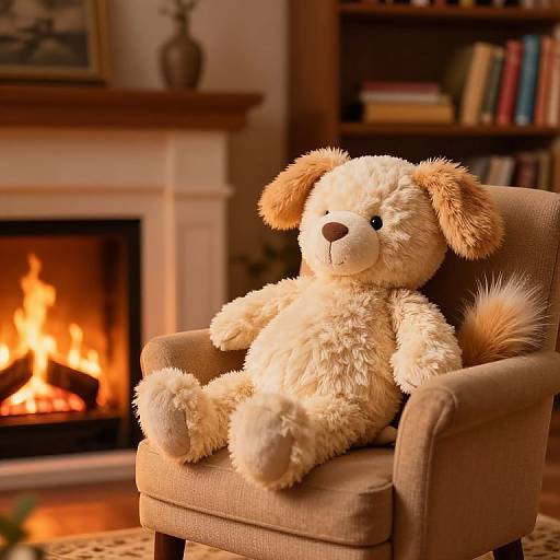 Photograph of a fluffy, cream-colored teddy bear sitting in a beige armchair by a warmly lit fireplace in a cozy room.