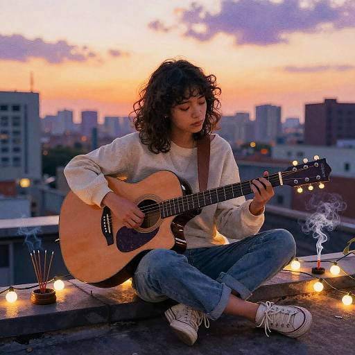 Photograph of a curly-haired woman playing guitar on rooftop at sunset, surrounded by string lights and incense, wearing casual jeans and sneakers. Cityscape