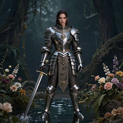Photorealistic CGI of a dark-haired woman in shiny, intricate medieval armor standing in a forest stream, holding a sword, surrounded by colorful flowers.