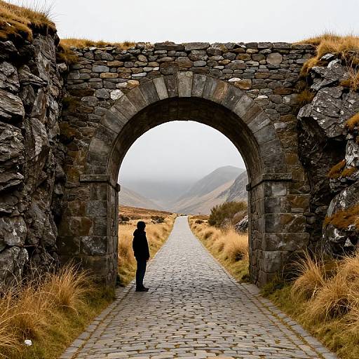Stone Arches Along Misty Mountain Path