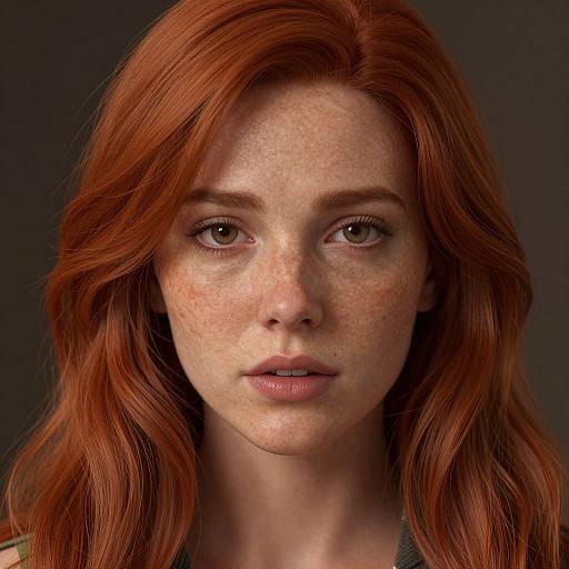 Photorealistic digital portrait of a freckled, red-haired woman with wavy hair, light skin, brown eyes, and neutral expression against a