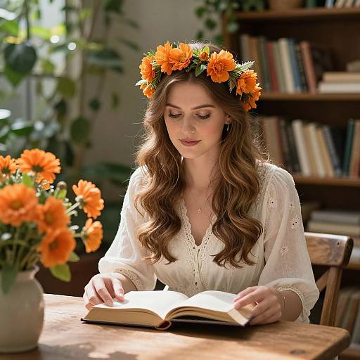 Photograph of a fair-skinned woman with long brown hair, wearing a white lace blouse and orange flower crown, reading a book at a sunlit