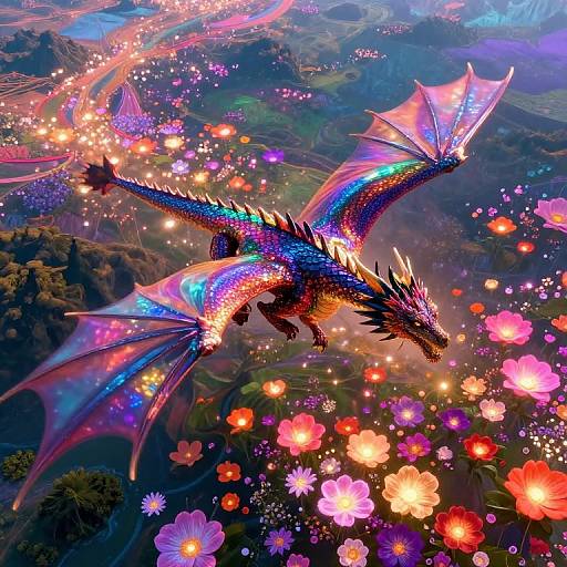 Vibrant digital painting of a rainbow-hued dragon soaring through a magical landscape filled with glowing flowers and floating lights.